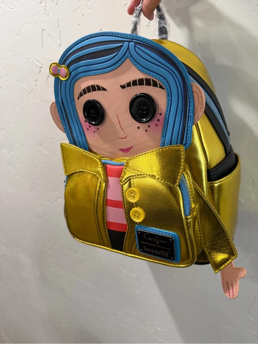 Loungefly Metallic Gold Coraline Mini Backpack with Blue Hair